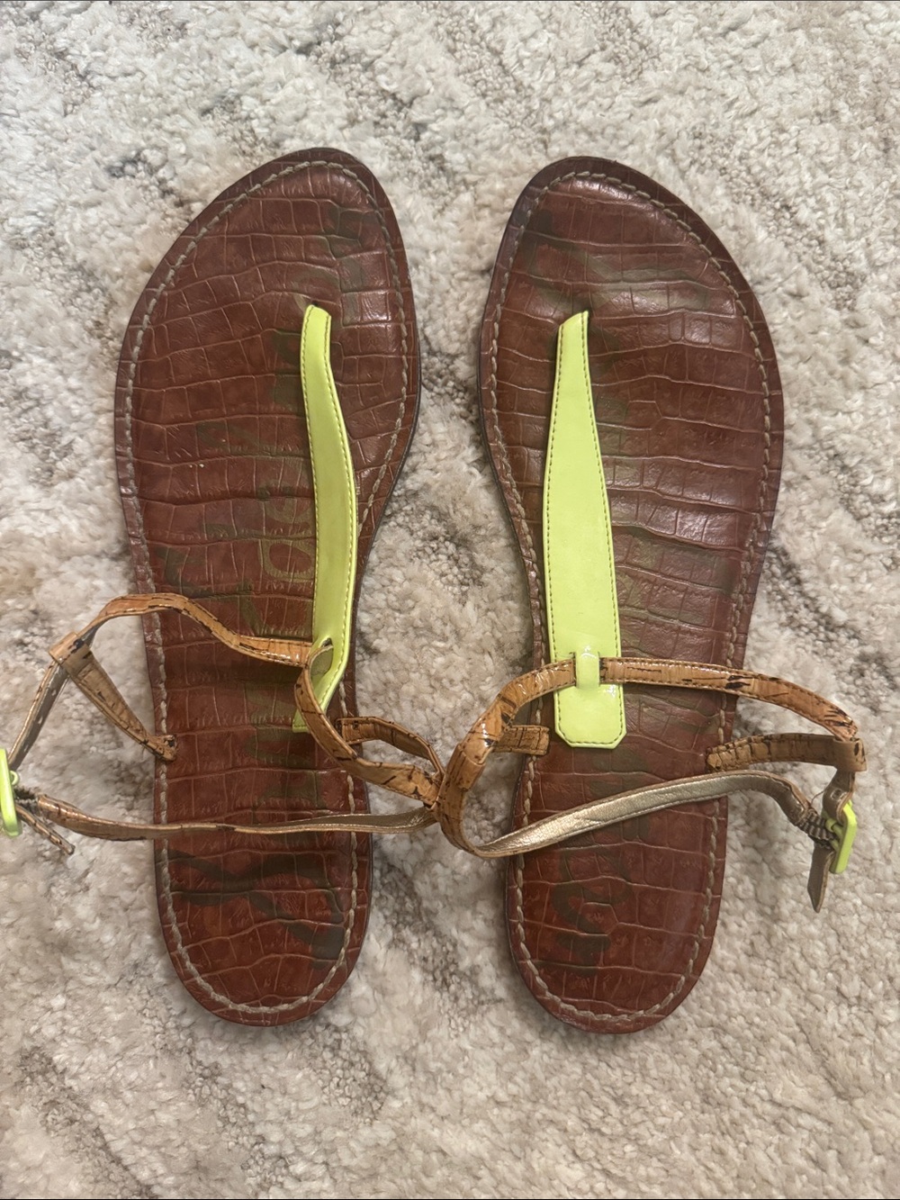 Sam Edelman Brown Croc-Embossed Sandals with Lime Strap